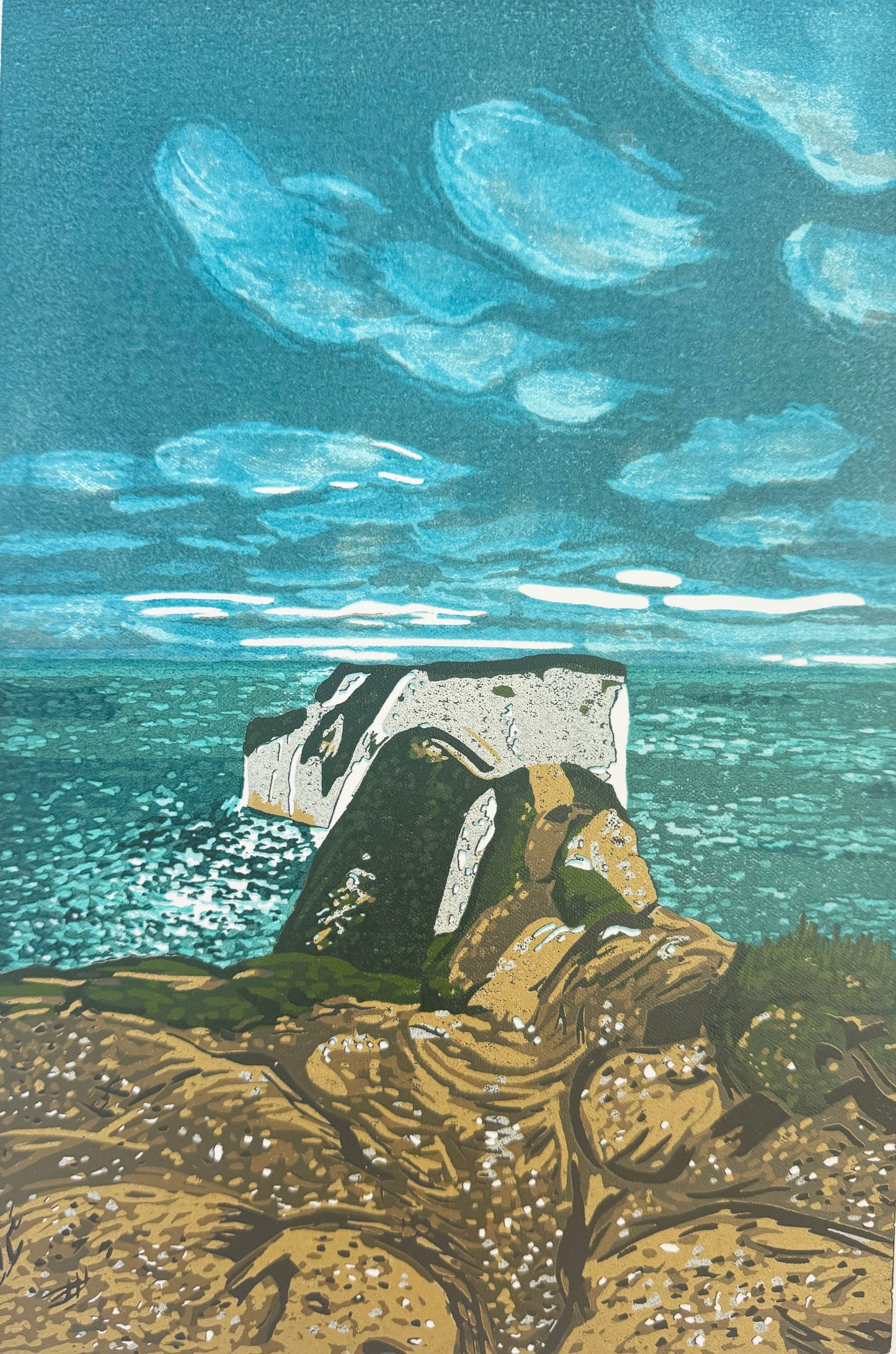 * Old Harry Rocks (2024) Linocut print from a limited edition of 8