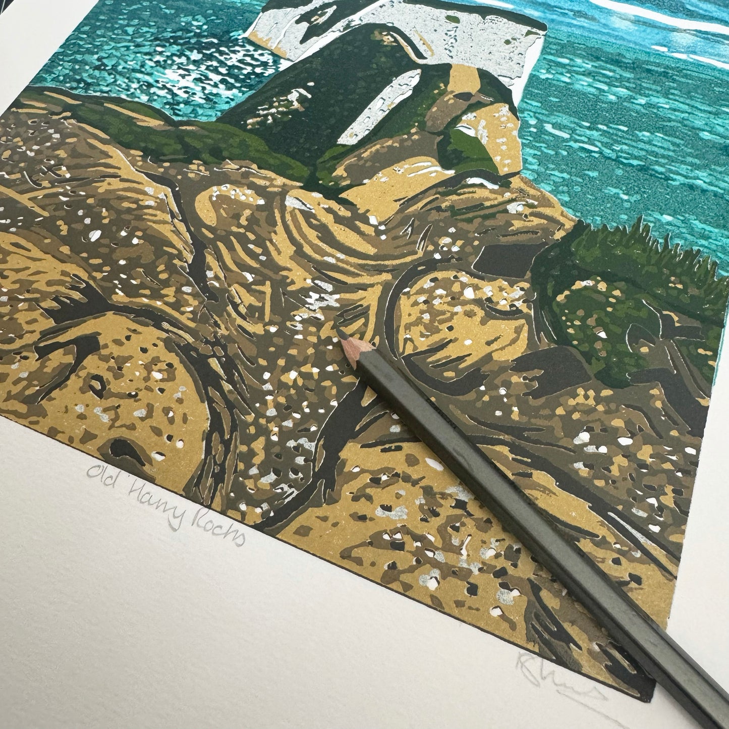 * Old Harry Rocks (2024) Linocut print from a limited edition of 8