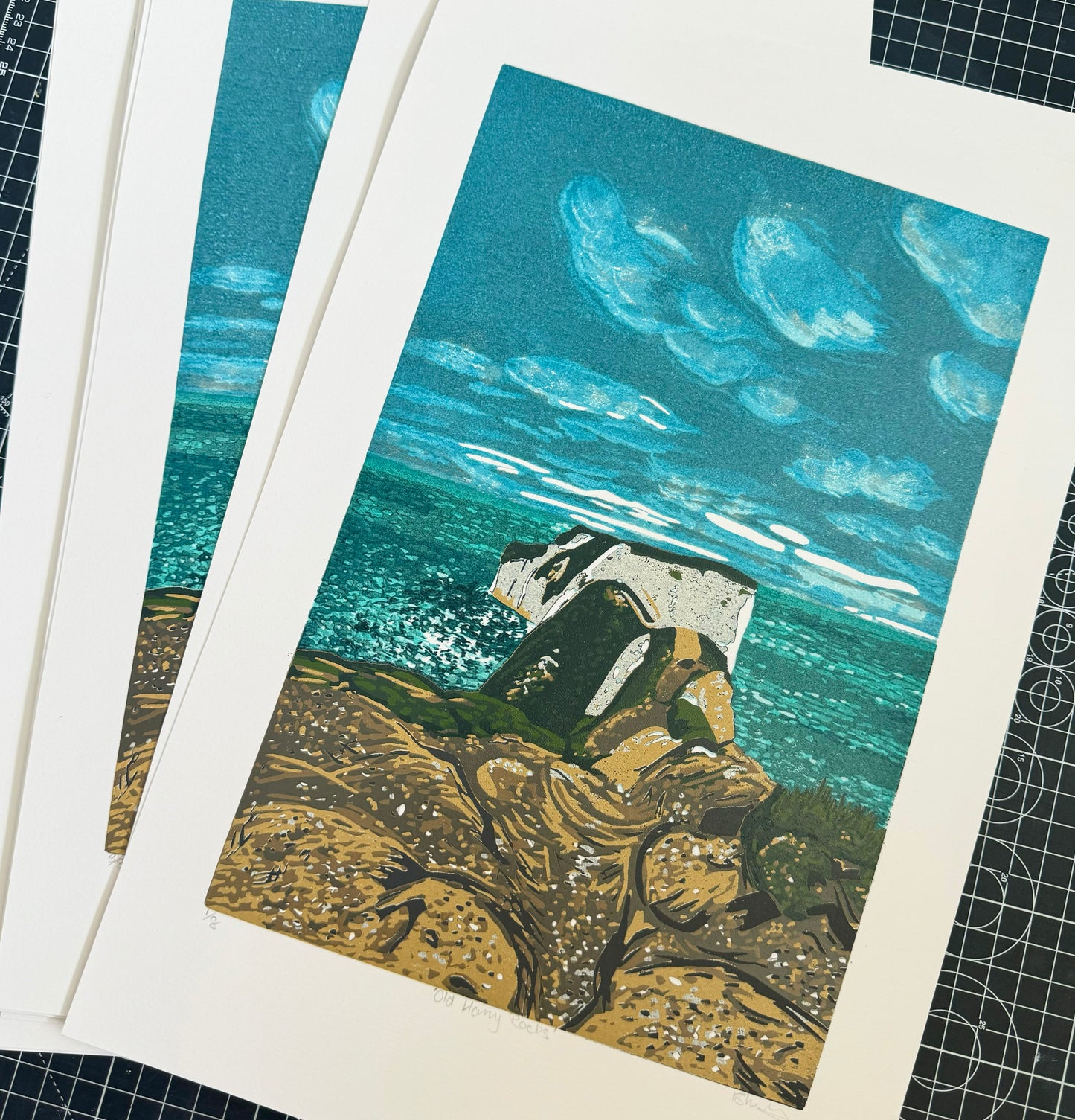 * Old Harry Rocks (2024) Linocut print from a limited edition of 8