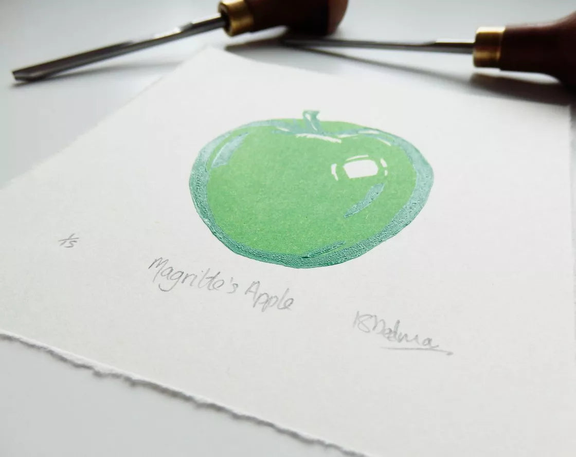 Magritte's Apple (2018) Linocut print from a limited edition of 15