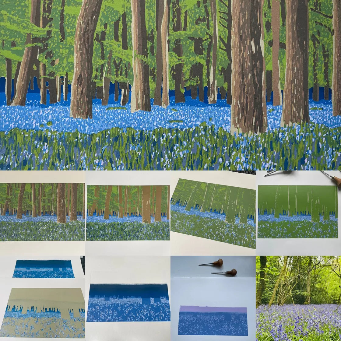 Bluebell Carpet (2022) Linocut print from a limited edition of 12