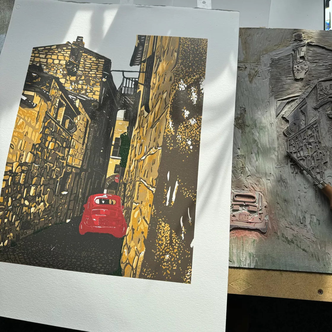 * Perfect Fit (2024) Linocut print from a limited edition of 8