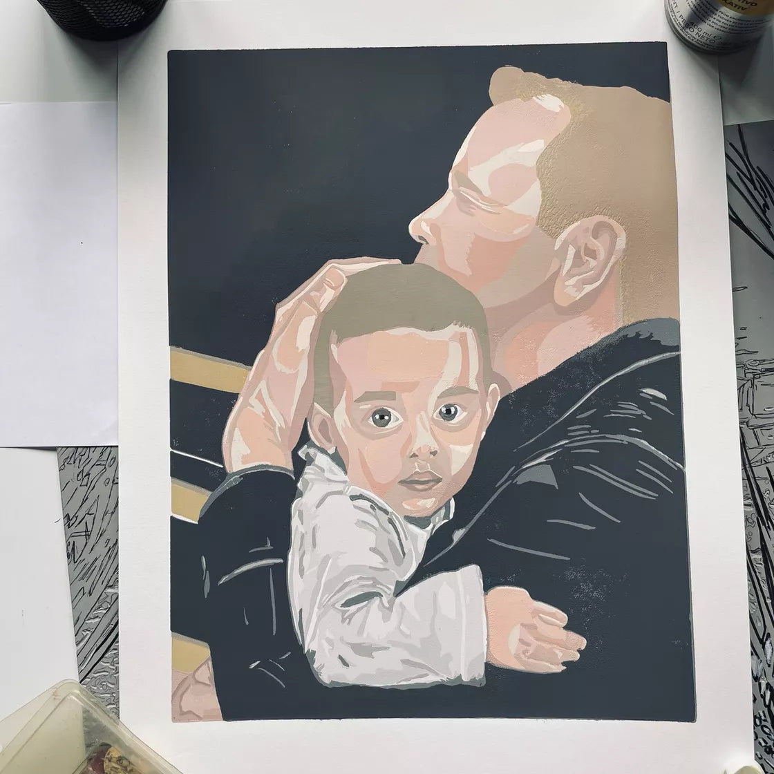 The Hug (2023) Linocut print from a limited edition of 10