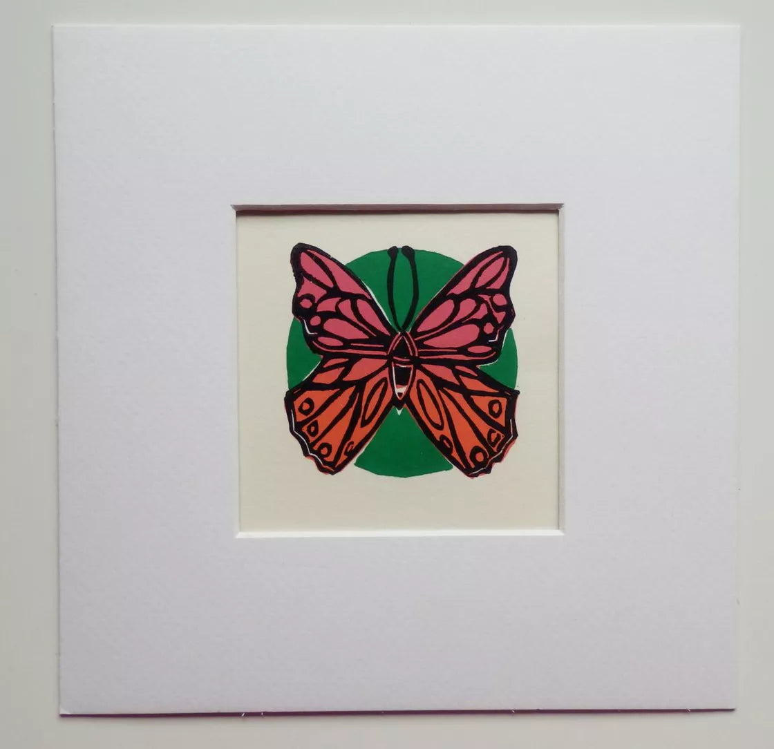 Pink and Orange Butterfly (2018) Linocut print from a limited edition of 30