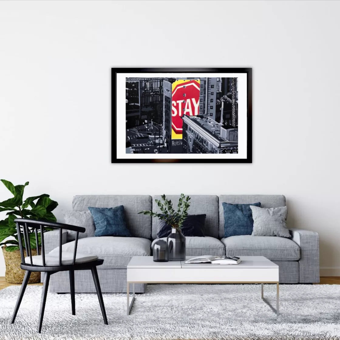 Stay! (2019) Linocut print from a limited edition of 20