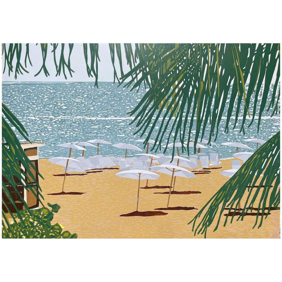 * Beach Umbrellas (2023) Linocut print from a limited edition of 5