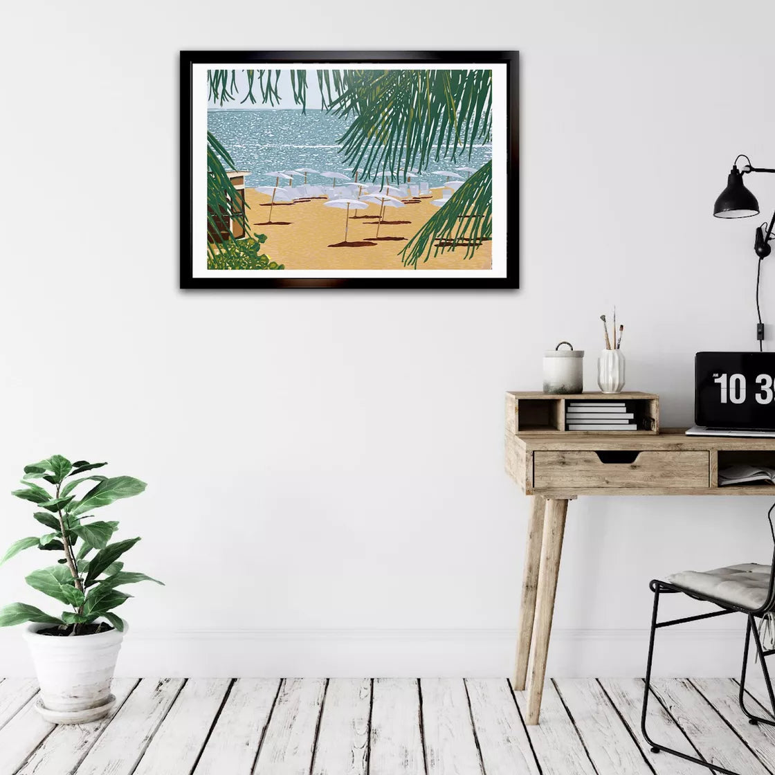 * Beach Umbrellas (2023) Linocut print from a limited edition of 5