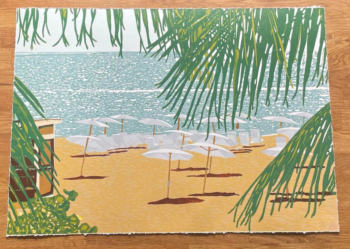 * Beach Umbrellas (2023) Linocut print from a limited edition of 5