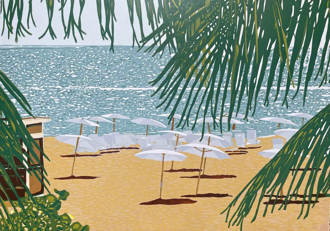 * Beach Umbrellas (2023) Linocut print from a limited edition of 5
