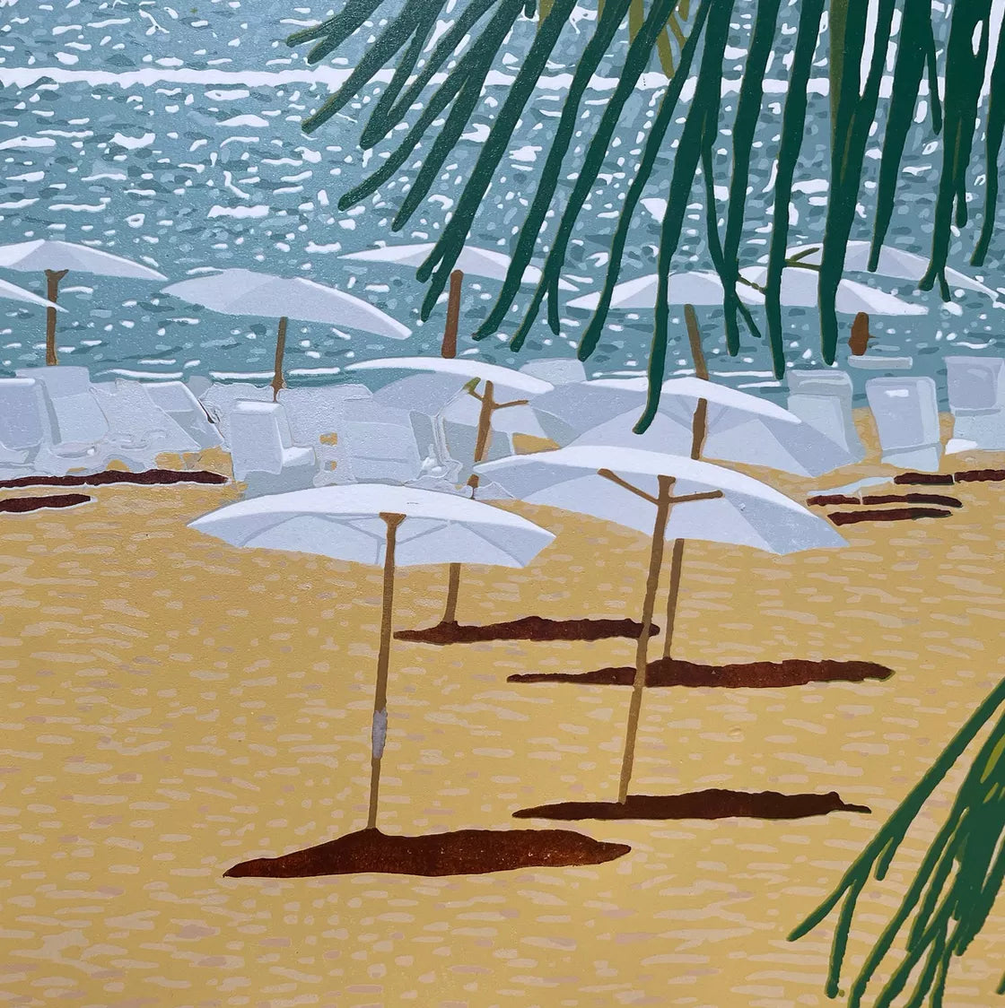 * Beach Umbrellas (2023) Linocut print from a limited edition of 5