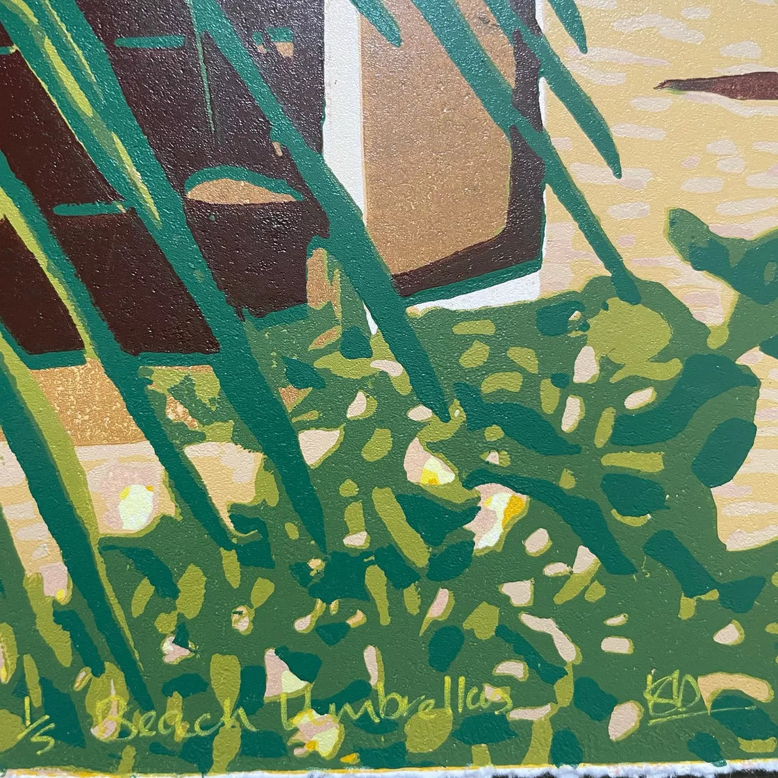 * Beach Umbrellas (2023) Linocut print from a limited edition of 5