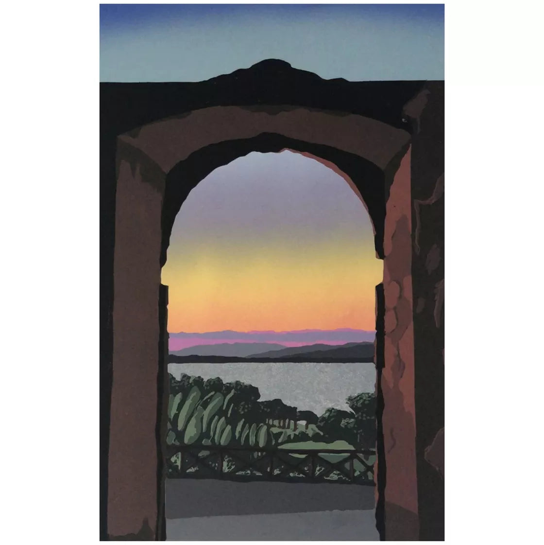 Sunset with arch and lake, Italy (2020) Linocut print from a limited edition of 8