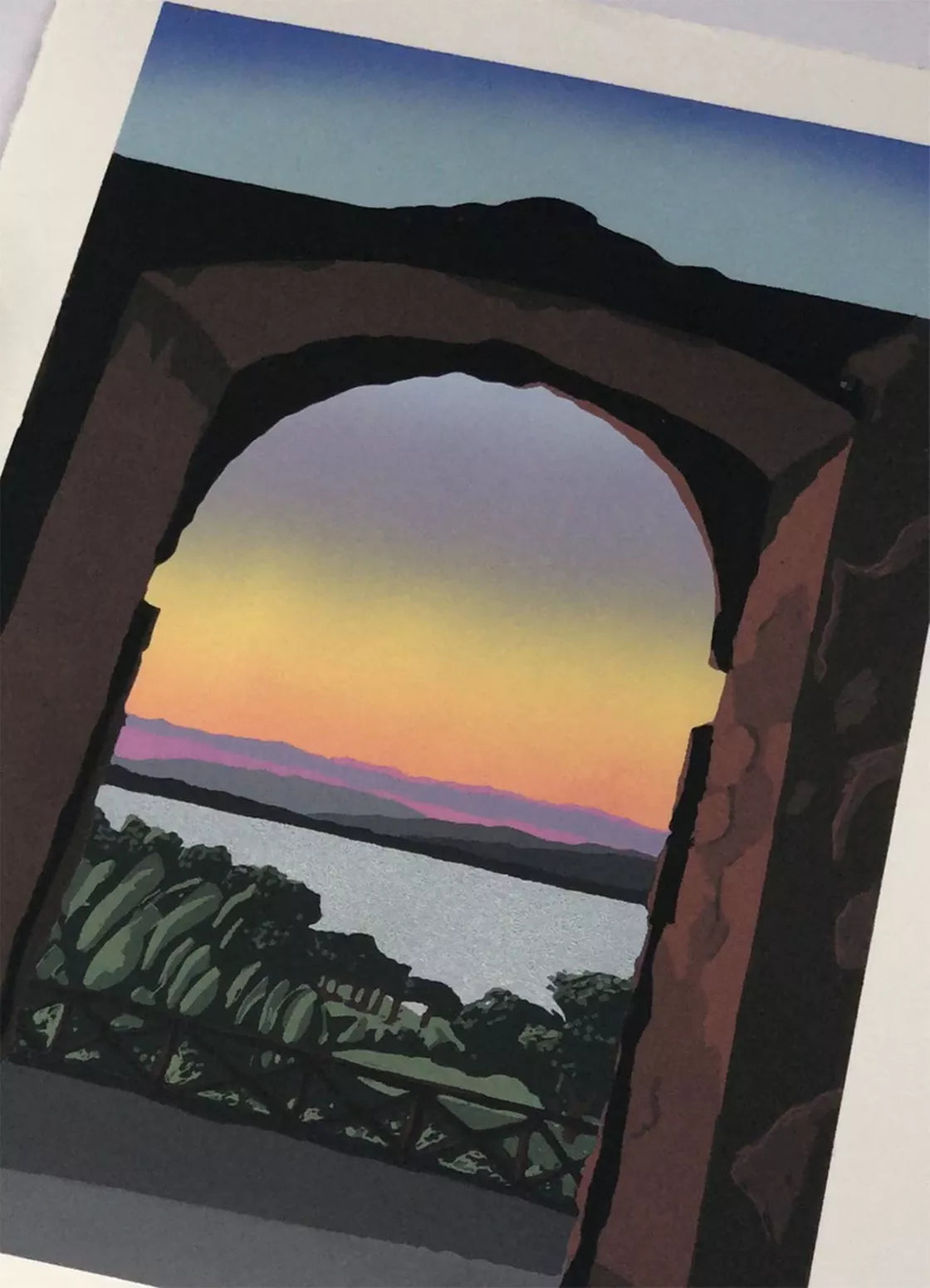 Sunset with arch and lake, Italy (2020) Linocut print from a limited edition of 8